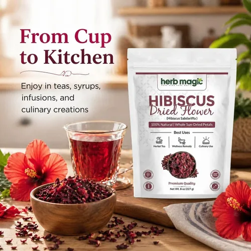 Vista 4 de Flores secas de hibisco perfectas para té y agua fresca mexicana, flor de jamaica, flores enteras y pétalos Herbmagic