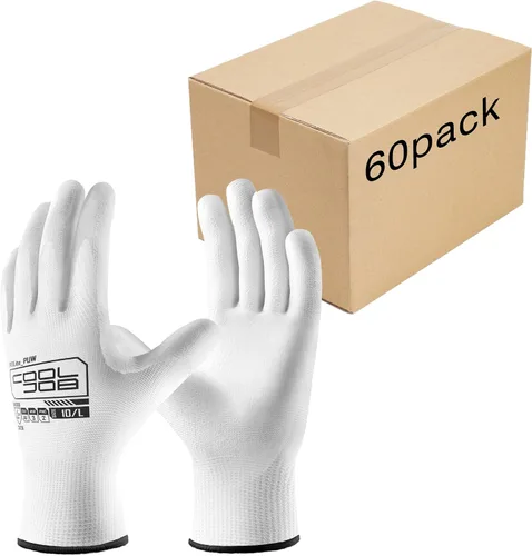 Vista 9 de COOLJOB Paquete de 12/60 pares de guantes de trabajo de seguridad a granel con revestimiento de poliuretano de agarre, guantes de punto sin costuras
