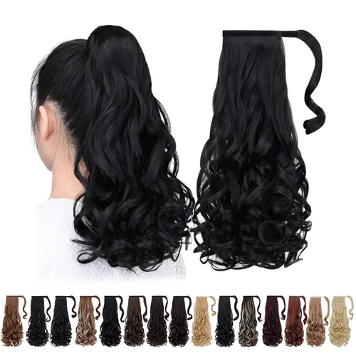 Vista 34 de Extensiones de cola de caballo negras, colas de caballo rizadas con clip, 22 pulgadas, 3.5 onzas, extensión de cabello sintético envolvente del pelo