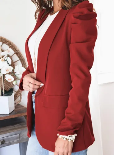 Vista 3 de Happy Sailed Blazers de mujer con frente abierto, manga abombada, chaqueta de oficina, chaqueta casual para trabajo con bolsillos