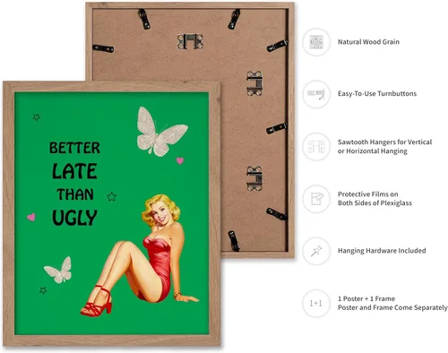 Vista 2 de Poster Master Pin Up Girl Poster - Better Late Than Ugly Print - Butterfly Art - Modern Art - Trendy Art - Gift for Men & Women - Funny Decor for