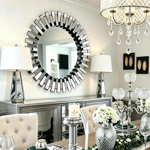 Vista 2 de Chende Espejo redondo – Espejo decorativo de 32 pulgadas con marco de vidrio biselado, acento moderno para sala de estar, vestíbulo, dormitorio