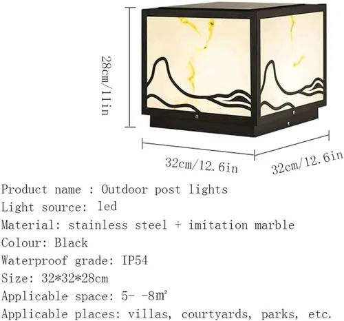 Vista 2 de Luces de poste al aire libre, luz solar de pilar cuadrada de acero inoxidable imitación mármol sombra lámpara de pilar al aire libre impermeable luz