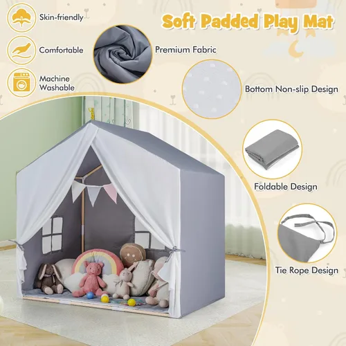 Vista 2 de Costzon Large Kids Tent with Mat, Children's Play Tent w/Flag Banner, Windows, Gauze Curtain, Solid Wood Frame, Indoor Outdoor Kids Playhouse for
