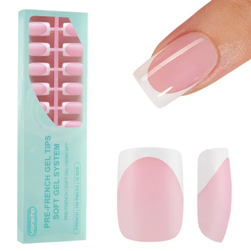 Vista 15 de Vansiho Uñas postizas de gel francés de almendra media, uñas suaves rosadas