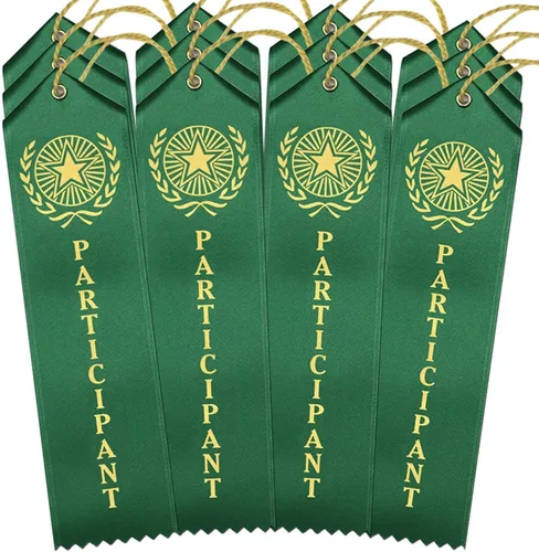 Vista 5 de RibbonsNow Cintas de premio Participant - 25 cintas verdes con tarjeta y cuerda