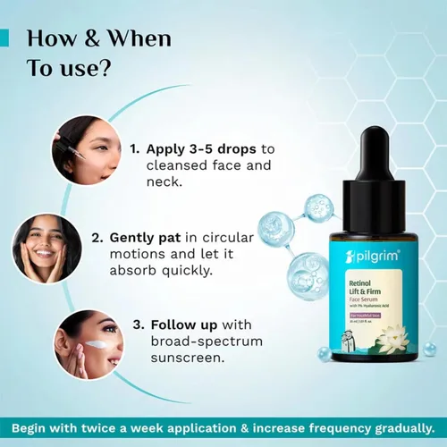Vista 6 de Pilgrim - Suero de retinol al 0.5% con 1% de ácido hialurónico Suero facial antienvejecimiento Reduce líneas finas y arrugas Levanta