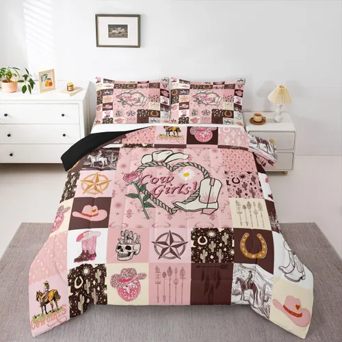 Vista 9 de Juego de edredón de vaquero individual, ropa de cama occidental para niños y hombres, ilustración dibujada a mano de caballo americano salvaje