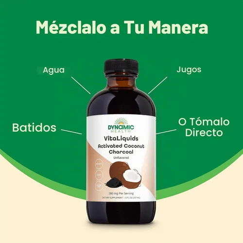 Vista 4 de DYNAMIC HEALTH VitaLiquids Carbón de coco activado – Carpeta de carbón activado de cáscara de coco – une materiales no deseados en el tracto