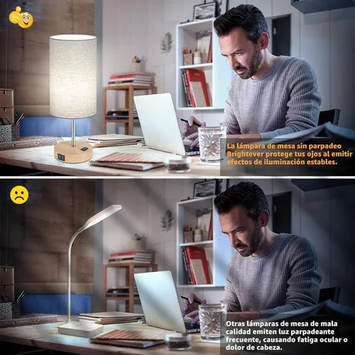 Vista 6 de Lámparas de mesita de noche con 2 puertos de carga USB y salida de CA, juego de 2 mesas de noche con base de madera de control táctil, lámparas Crema