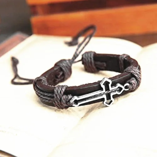 Vista 4 de brazalete negro con forma de cruz de cuero genuino para hombre