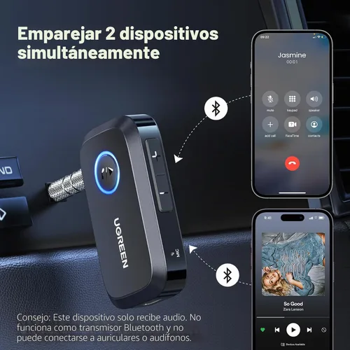 Vista 5 de UGREEN Adaptador Bluetooth 5.4 para automóvil, llamadas manos libres y cancelación de ruido, adaptador AUX a Bluetooth para automóvil, receptor
