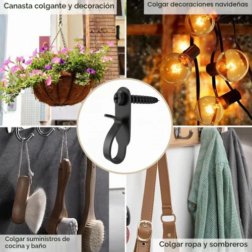Vista 6 de Ganchos para colgar luces, ganchos de tornillo para luces colgantes, clips LED, acero inoxidable, negro, paquete de 20