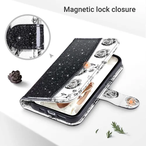 Vista 4 de ULAK Compatible con iPhone 13 Funda tipo cartera para mujer, funda tipo billetera de piel PU con tarjetero y función de caballete, funda protectora