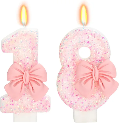 Vista 49 de Vela de cumpleaños para pastel, vela 0 - purpurina rosa con lazo, vela de feliz cumpleaños de 2.76 pulgadas, adorno superior de pastel para fiestas