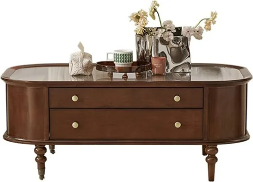 Vista 10 de Mesa auxiliar para sala de estar, mesa auxiliar de madera retro con parte superior de cristal temporal, mesa central rectangular con 2 cajones