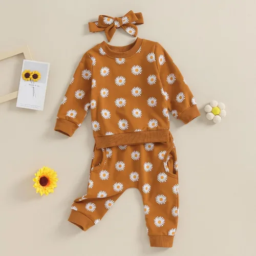 Vista 3 de Karwuiio Conjunto de ropa para bebé recién nacida, sudadera + pantalones + diadema, conjunto de 3 piezas para otoño e invierno