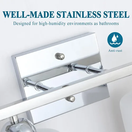 Vista 3 de Mecgirn Luces de tocador de vidrio de leche de acero inoxidable para baño, 2 lámparas cromadas de baño sobre espejo, enchufes E26 de cerámica