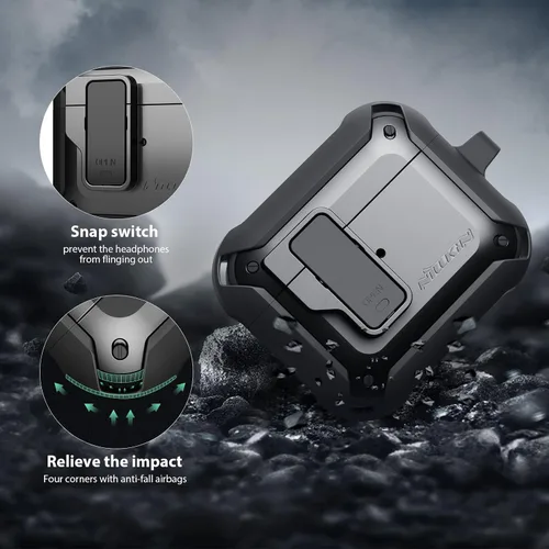 Vista 3 de Nillkin AirPods Pro - Funda protectora de cuerpo completo con llavero de metal, a prueba de golpes, para AirPods Pro 2019, color negro