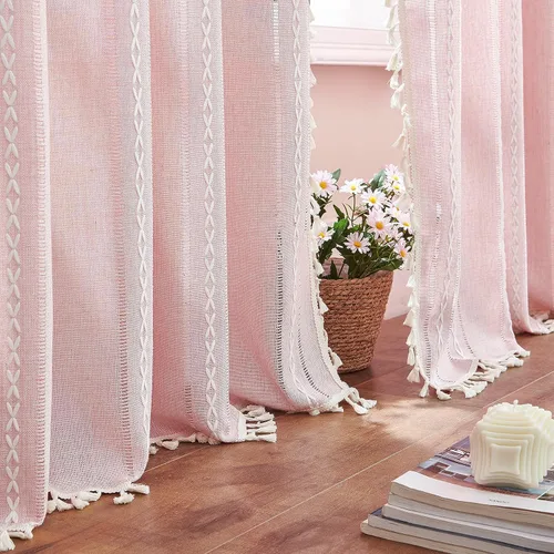 Vista 11 de 2 paneles de cortinas de lino semiopacas para ventana, bohemias y rústicas, con rayas bordadas y bolsillo para cortinero, para sala de estar