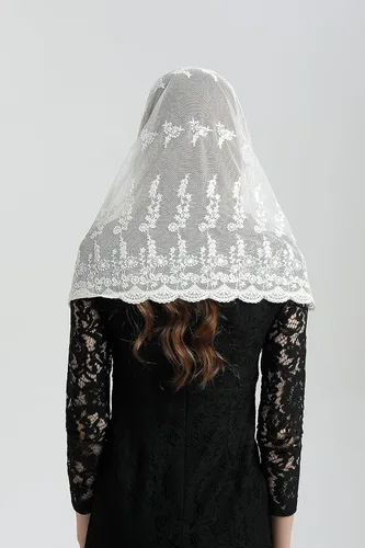 Vista 6 de velo católico de encaje marfil velo para iglesia mantilla headcover infinito velos v29b