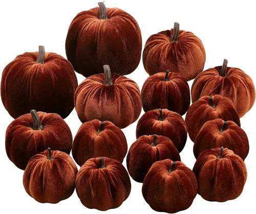 Vista 9 de Woration 16 piezas de terciopelo de tamaño surtido de calabaza artificial decoración de tela envuelta en otoño cosecha calabaza otoño mesa centro