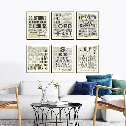Vista 2 de Impresiones artísticas de página bíblica cristiana vintage, juego de 6, sin marco, Josué 1:9, Proverbios 3:5, Jeremías 29:11, Romanos 8:28, Gálatas