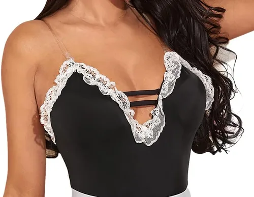 Vista 5 de Disfraz sexy para mujer de sirvienta con cuello en V y encaje