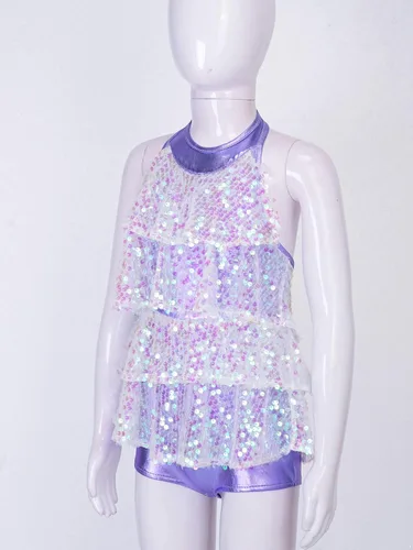 Vista 4 de Vestido de lentejuelas brillantes sin mangas para niñas y niñas, vestido con borlas y jazz latino, trajes de baile de salsa para actuación