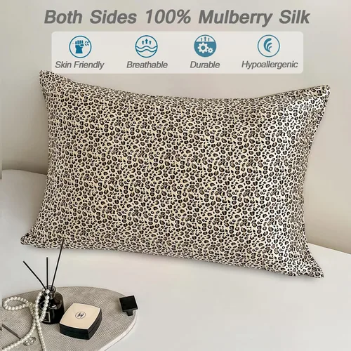 Vista 4 de Funda de almohada de seda de morera con estampado de leopardo, tamaño estándar con cremallera, ambos lados, fundas de almohada de seda pura