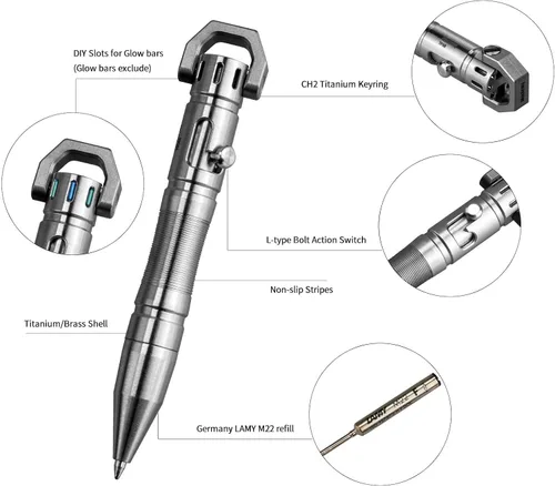 Vista 2 de MecArmy TPX8 Mini bolígrafo táctico de titanio y latón con llavero táctico con llavero 1 D (latón)