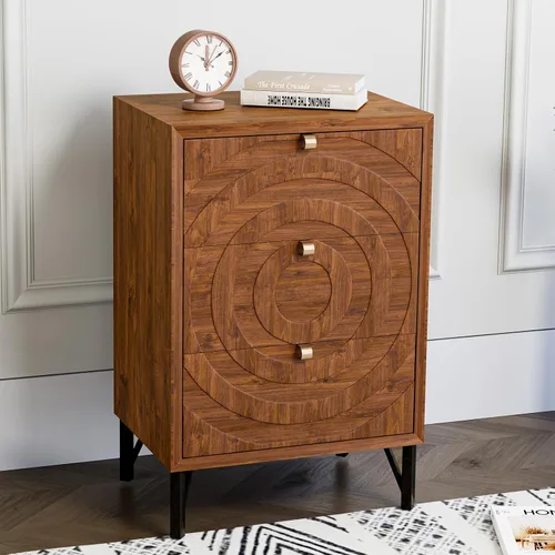 Vista 3 de HOMPUS Cómoda de 3 cajones de mediados de siglo, cómoda moderna con patrón de círculos concéntricos, mesita de noche con 3 cajones