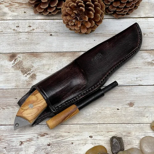Vista 8 de Cuchillo de caza con mango de madera personalizado y funda de cuero para regalo, mango de oliva Bohler N690 Bushcraft