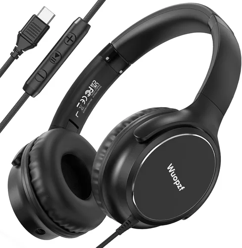 Vista 11 de Auriculares con cable USB C sobre la oreja con micrófono, control de volumen, puerto compartido y diadema ajustable, auriculares estéreo plegables