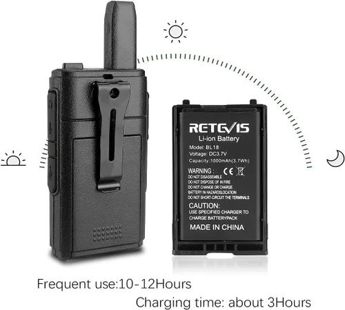 Vista 5 de Retevis Walkie Talkies recargables RT18, radios portátiles FRS bidireccionales, PTT dual, VOX, clip de metal, pequeño mini walkie-talkie