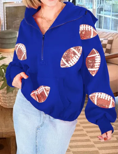 Vista 30 de SeekMe Sudaderas con capucha de lentejuelas para mujer, para el día del partido, suéteres de manga larga con cremallera y bolsillo