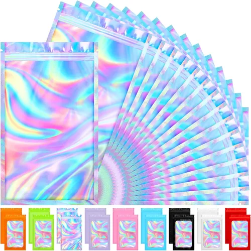 Vista 12 de 100 bolsas holográficas de tereftalato de polietileno, bolsas transparentes resellables, bolsa a prueba de olores, bolsa para pulseras, decoraciones