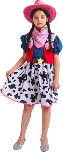Vista 4 de Disfraz de vaquera para niñas, disfraz de Rodeo Occidental de Halloween con sombrero de vaquera, de 3 a 10 años