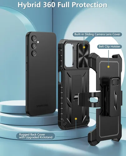 Vista 3 de FNTCASE for Samsung Galaxy A14-5G Case with Slide Camera Cover & Holster Built in Kickstand, Military Grade Dropproof Protection, Heavy Duty