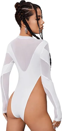 Vista 2 de Verdusa Body de malla en contraste de manga larga con cuello redondo y corte ajustado para mujer