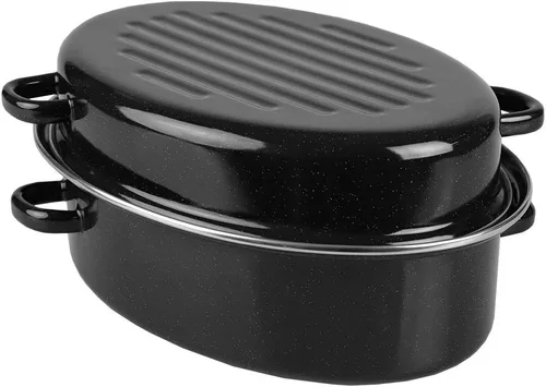 Vista 9 de Home Basics - Sartén esmaltada de 12 pulgadas con tapa abovedada, olla ovalada de acero al carbono con 4 asas, sartén antiadherente versátil