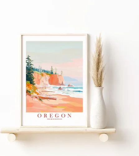 Vista 4 de ColorAndFlair Oregon Travel Print Coastal Ocean Pink Orange Wall Art Retro Poster Beaver State Souvenir Beach Painting (8x10 inches)