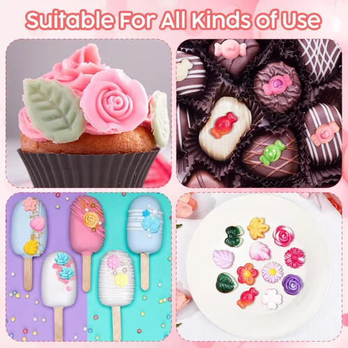 Vista 6 de Moldes de silicona para dulces de flores, paquete de 6 moldes de margarita, chocolate, rosa, tulipán, flores, moño, hoja, gelatina, pudín, galleta