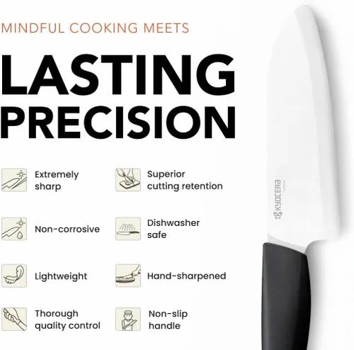 Vista 5 de Cuchillo Santoku de la marca Kyocera Advanced Ceramic y de la serie Revolution con 5 1/2 pulgadas, hoja blanca, Blanco KYOCERA Revolution 5.5-Inch