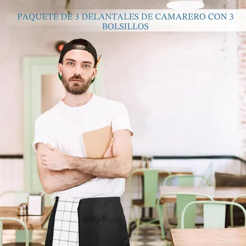 Vista 6 de 3 Pack Server Apron, Short Waitress Apron with Pockets for Servers, Waiters mandiles para mujer para trabajo with 3 pockets, Polyester