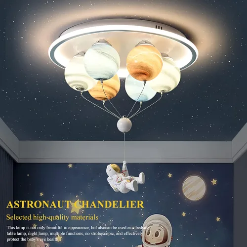 Vista 2 de Lámpara LED moderna de astronauta de dibujos animados, pantalla de cristal de estrella de 6 luces con cable ajustable, luz de techo empotrada