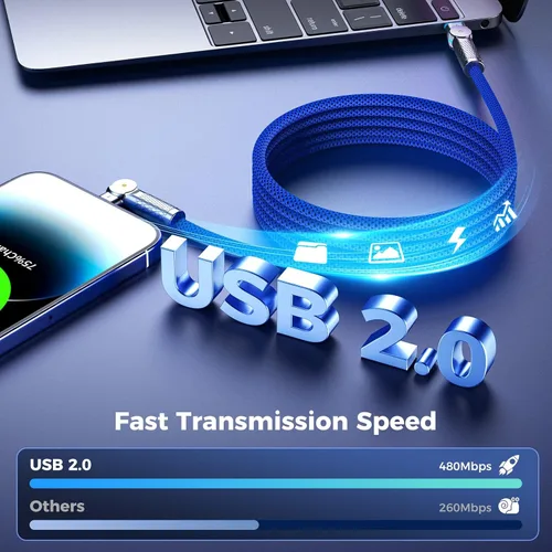 Vista 3 de Cable USB C a USB C de 6.6 pies, 240 W, paquete de 2 cables de carga tipo C trenzados giratorios de 180°, carga rápida para iPhone