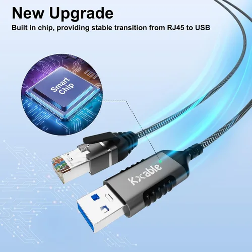 Vista 6 de Kxable Cable USB a Ethernet delgado de 4 pies, cable delgado USB 3.0 A a RJ45, conectado directamente, aluminio, trenzado, OFC, cable de red LAN USB