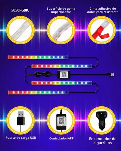 Vista 4 de YM E-Bright - Luces LED para interior de coche, 2 líneas RGBIC App Remote Music Sync App and remote control add multicolor music-sync lighting
