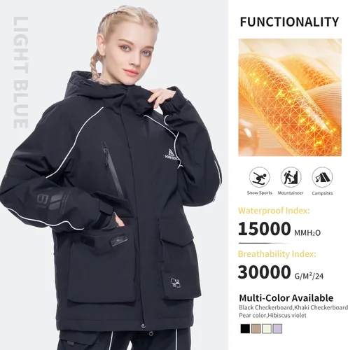 Vista 3 de Chaqueta de esquí para snowboard, nieve, invierno, impermeable, aislada, resistente al viento, holgada, cálida con capucha para hombres y mujeres